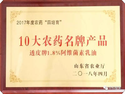 祝賀透皮阿維連續六年榮獲“山東省10大農藥名牌產品”