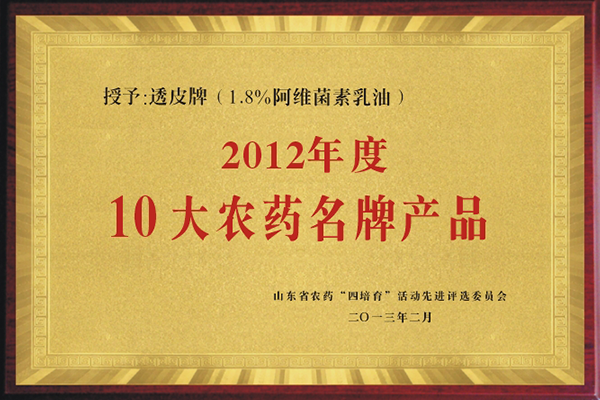 “透皮®阿維”獲2012年10大農(nóng)藥名牌產(chǎn)品